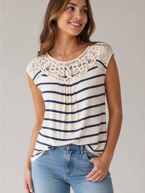 Skies Are Blue Small Petite Striped Lace Detail Boho Cottagecore Top